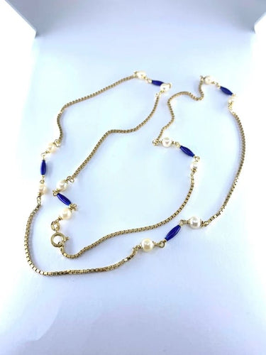 Collier Collier chaîne en or jaune 18 carats, perles et émail bleu 58 Facettes AB377