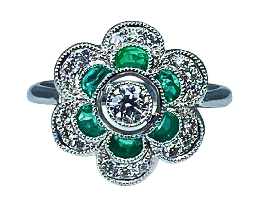 Bague 54 Bague en or blanc 18 carats avec émeraudes et diamants 58 Facettes AB379