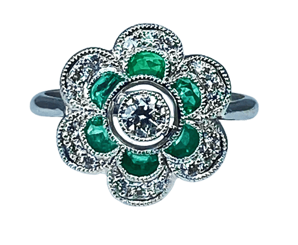 Bague 54 Bague en or blanc 18 carats avec émeraudes et diamants 58 Facettes AB379
