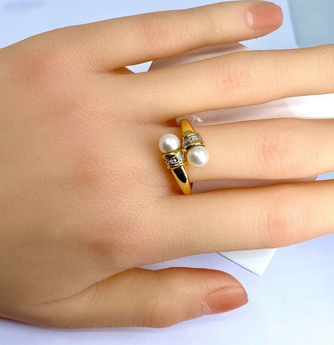 Bague 59 Bague toi et moi en or jaune 18 carats, perles et diamants 58 Facettes AB382