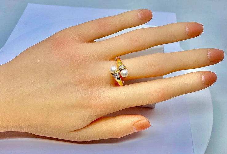 Bague 59 Bague toi et moi en or jaune 18 carats, perles et diamants 58 Facettes AB382