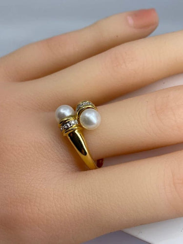 Bague 59 Bague toi et moi en or jaune 18 carats, perles et diamants 58 Facettes AB382