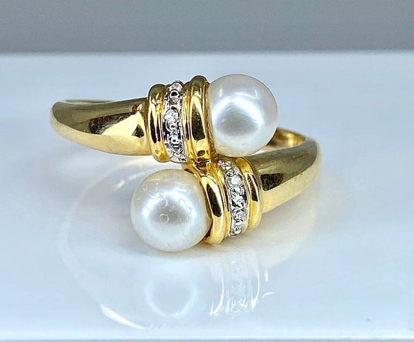 Bague 59 Bague toi et moi en or jaune 18 carats, perles et diamants 58 Facettes AB382