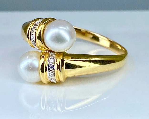 Bague 59 Bague toi et moi en or jaune 18 carats, perles et diamants 58 Facettes AB382