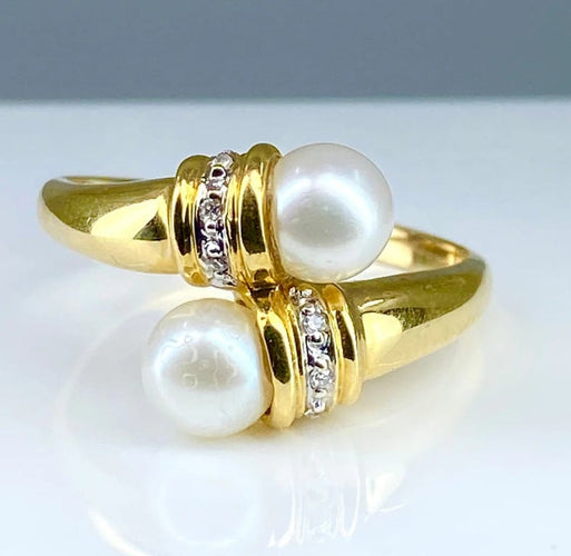 Bague 59 Bague toi et moi en or jaune 18 carats, perles et diamants 58 Facettes AB382