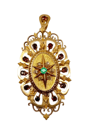 Pendentif Broche pendentif en or 18 carats aux grenats, émeraude et diamants 58 Facettes A 397