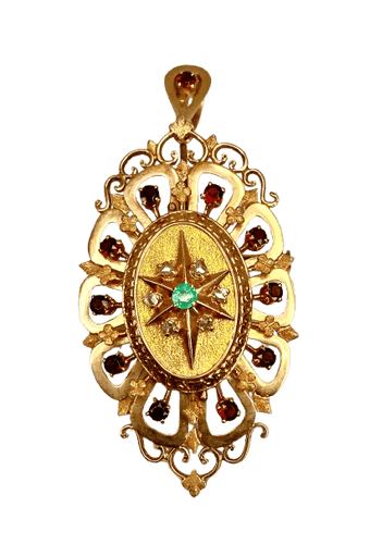 Pendentif Broche pendentif en or 18 carats aux grenats, émeraude et diamants 58 Facettes A 397