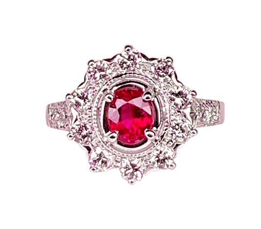 Bague 51 Bague marguerite en or blanc 18 carats avec rubis et diamants 58 Facettes AB413