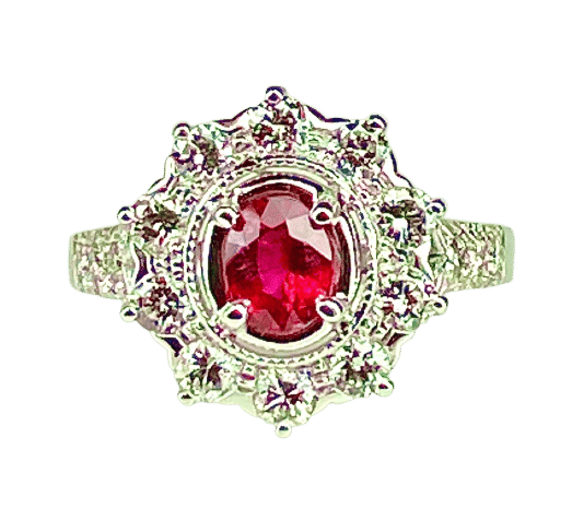 Bague 51 Bague marguerite en or blanc 18 carats avec rubis et diamants 58 Facettes AB413