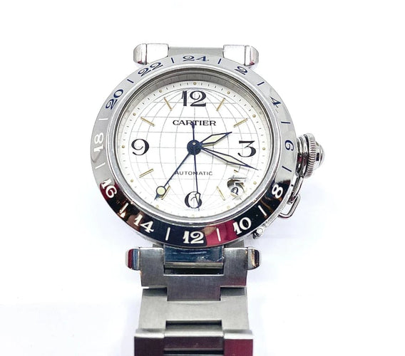 Montre Cartier Pasha GMT - Montre en acier aux méridiens 58 Facettes AB442