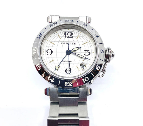 Montre Cartier Pasha GMT - Montre en acier aux méridiens 58 Facettes AB442