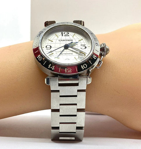 Montre Cartier Pasha GMT - Montre en acier aux méridiens 58 Facettes AB442
