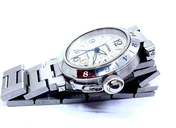Montre Cartier Pasha GMT - Montre en acier aux méridiens 58 Facettes AB442