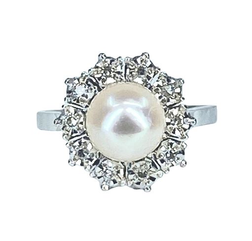 Bague 49 Bague marguerite en or blanc 18 carats et platine, perle et diamants 58 Facettes AB456