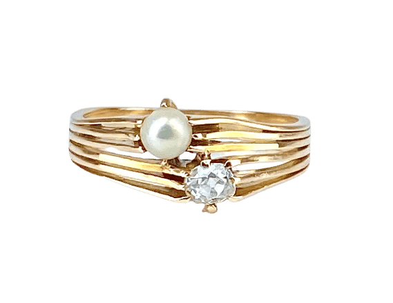 Bague 53 Bague toi et moi en or jaune 18 carats, diamant et perle 58 Facettes AB470