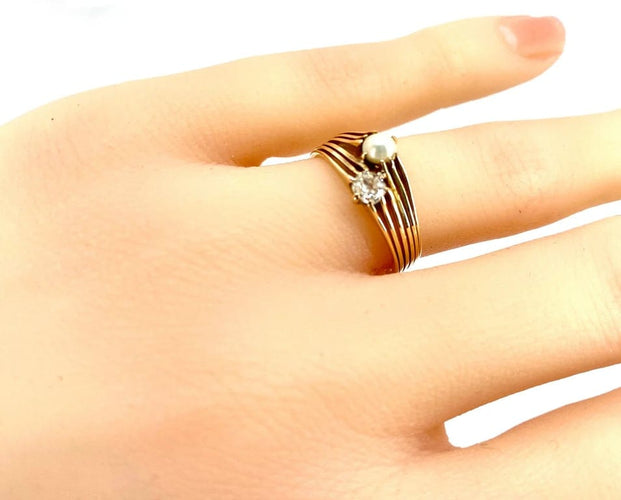 Bague 53 Bague toi et moi en or jaune 18 carats, diamant et perle 58 Facettes AB470