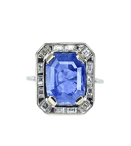 Bague 58 Bague Art déco en or blanc 18 carats, saphir Ceylan 9,40 ct et diamants 58 Facettes AB503