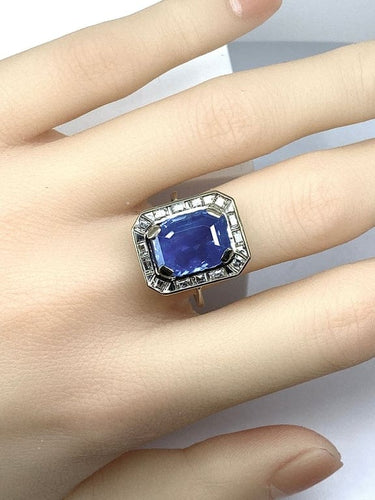 Bague 58 Bague Art déco en or blanc 18 carats, saphir Ceylan 9,40 ct et diamants 58 Facettes AB503