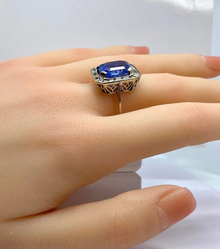 Bague 58 Bague Art déco en or blanc 18 carats, saphir Ceylan 9,40 ct et diamants 58 Facettes AB503