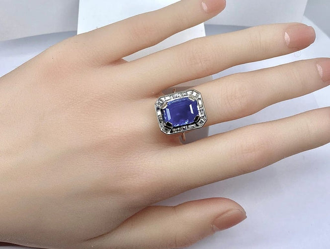 Bague 58 Bague Art déco en or blanc 18 carats, saphir Ceylan 9,40 ct et diamants 58 Facettes AB503