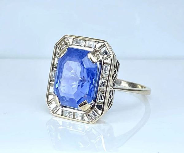 Bague 58 Bague Art déco en or blanc 18 carats, saphir Ceylan 9,40 ct et diamants 58 Facettes AB503