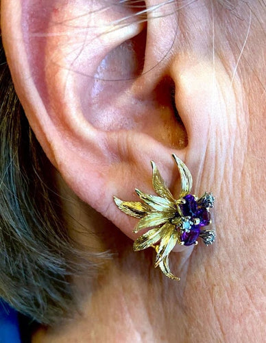 Bague 50 Parure - Bague et boucles d’oreilles en or jaune 18 carats, améthystes et diamants 58 Facettes AB506
