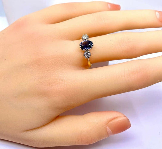 Bague 55 Bague en or jaune 18 carats avec saphir et diamants 58 Facettes AB549