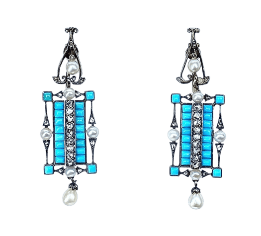 Boucles d'oreilles Boucles d’oreilles pendantes en or jaune et argent, turquoises, diamants, perles fines 58 Facettes AB543