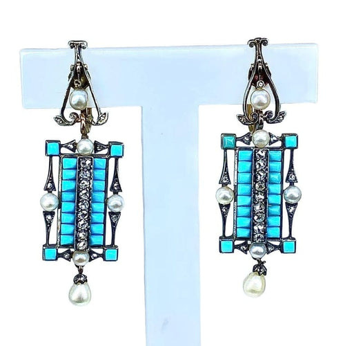 Boucles d'oreilles Boucles d’oreilles pendantes en or jaune et argent, turquoises, diamants, perles fines 58 Facettes AB543