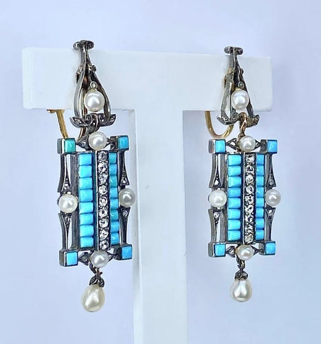 Boucles d'oreilles Boucles d’oreilles pendantes en or jaune et argent, turquoises, diamants, perles fines 58 Facettes AB543