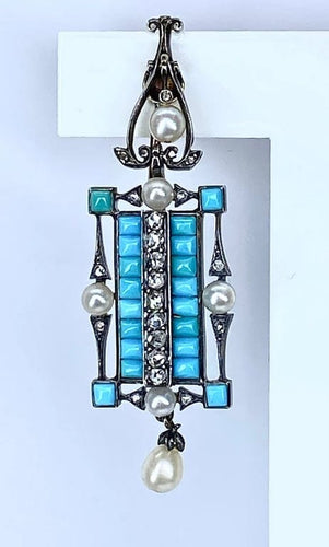 Boucles d'oreilles Boucles d’oreilles pendantes en or jaune et argent, turquoises, diamants, perles fines 58 Facettes AB543