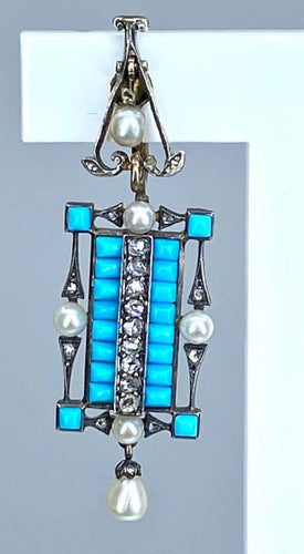 Boucles d'oreilles Boucles d’oreilles pendantes en or jaune et argent, turquoises, diamants, perles fines 58 Facettes AB543