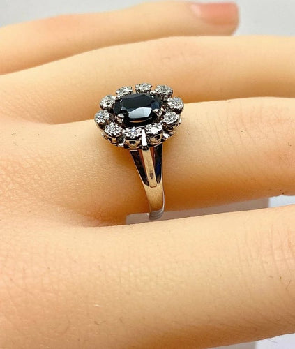 Bague 54 Bague marguerite en or blanc 18 carats avec saphir et diamants 58 Facettes AB576