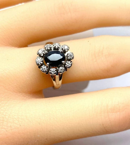 Bague 54 Bague marguerite en or blanc 18 carats avec saphir et diamants 58 Facettes AB576