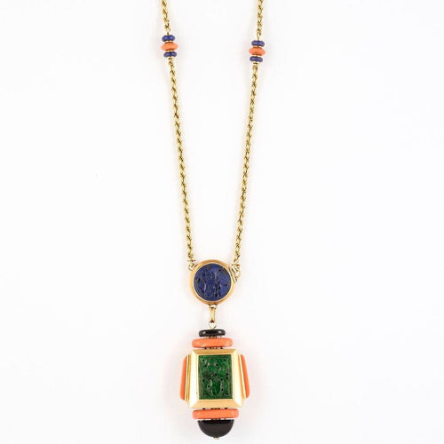 Collier Atelier Georges Lenfant - Exceptionnel Collier en or jaune lapis lazuli, jade, nephrite, corail et onyx. 58 Facettes 58FC9