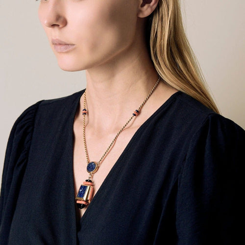 Collier Atelier Georges Lenfant - Exceptionnel Collier en or jaune lapis lazuli, jade, nephrite, corail et onyx. 58 Facettes 58FC9