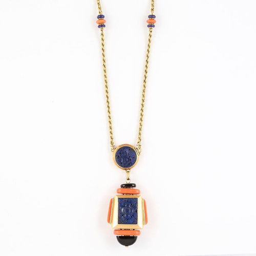 Collier Atelier Georges Lenfant - Exceptionnel Collier en or jaune lapis lazuli, jade, nephrite, corail et onyx. 58 Facettes 58FC9