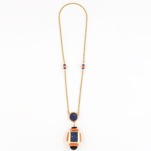 Collier Atelier Georges Lenfant - Exceptionnel Collier en or jaune lapis lazuli, jade, nephrite, corail et onyx. 58 Facettes 58FC9
