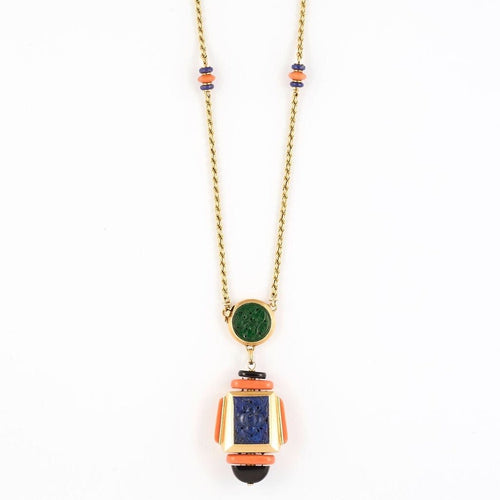 Collier Atelier Georges Lenfant - Exceptionnel Collier en or jaune lapis lazuli, jade, nephrite, corail et onyx. 58 Facettes 58FC9