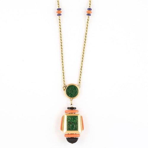 Collier Atelier Georges Lenfant - Exceptionnel Collier en or jaune lapis lazuli, jade, nephrite, corail et onyx. 58 Facettes 58FC9