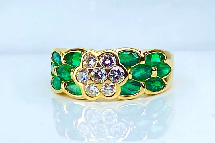 Bague 53 Bague jonc en or jaune 18 carats, diamants et émeraudes navettes 58 Facettes AB576 bis