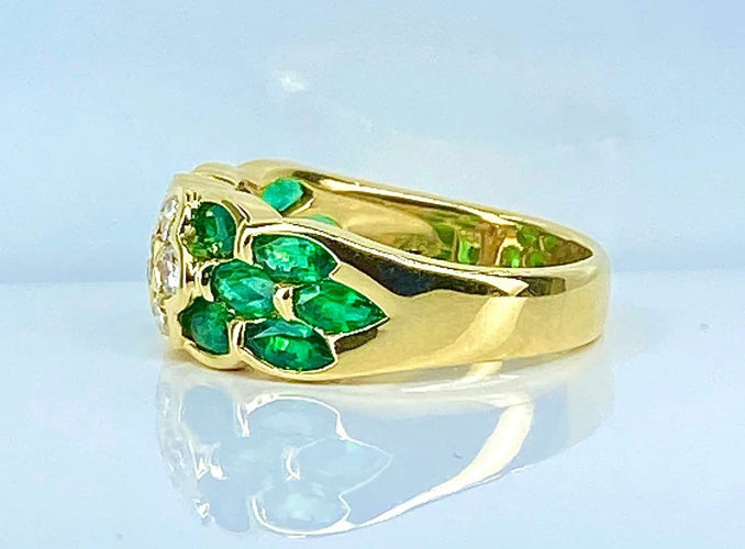 Bague 53 Bague jonc en or jaune 18 carats, diamants et émeraudes navettes 58 Facettes AB576 bis