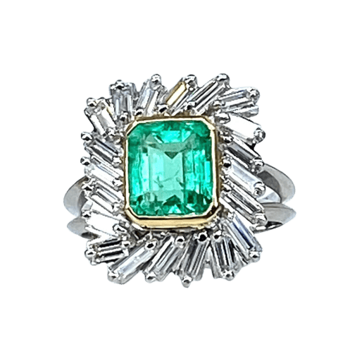 Bague 51 Bague émeraude et diamants baguette en or jaune 18 carats et platine 58 Facettes AB619