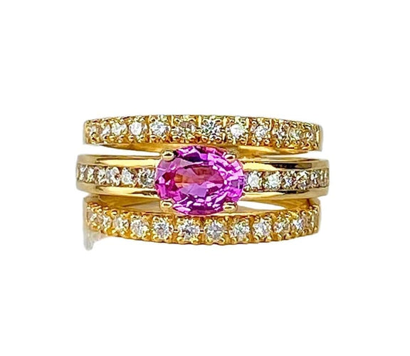 Bague 53 Bague bandeau en or jaune 18 carats avec saphir rose et diamants 58 Facettes AB631