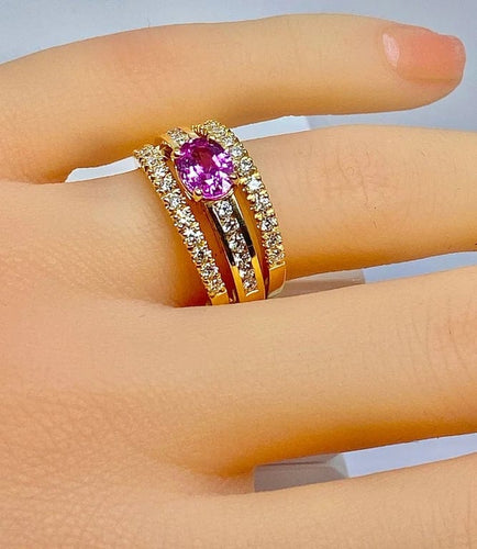Bague 53 Bague bandeau en or jaune 18 carats avec saphir rose et diamants 58 Facettes AB631