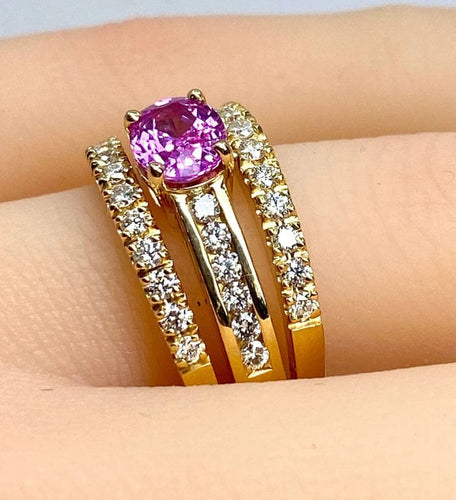 Bague 53 Bague bandeau en or jaune 18 carats avec saphir rose et diamants 58 Facettes AB631