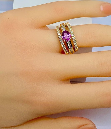 Bague 53 Bague bandeau en or jaune 18 carats avec saphir rose et diamants 58 Facettes AB631