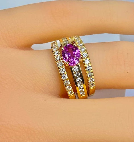 Bague 53 Bague bandeau en or jaune 18 carats avec saphir rose et diamants 58 Facettes AB631