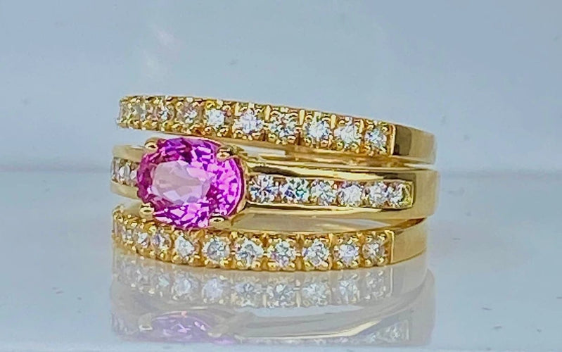 Bague 53 Bague bandeau en or jaune 18 carats avec saphir rose et diamants 58 Facettes AB631