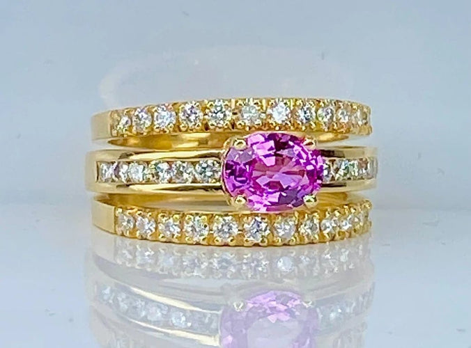 Bague 53 Bague bandeau en or jaune 18 carats avec saphir rose et diamants 58 Facettes AB631